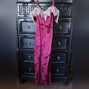 Vintage Fuchsia Floral Satin Dress with Lace